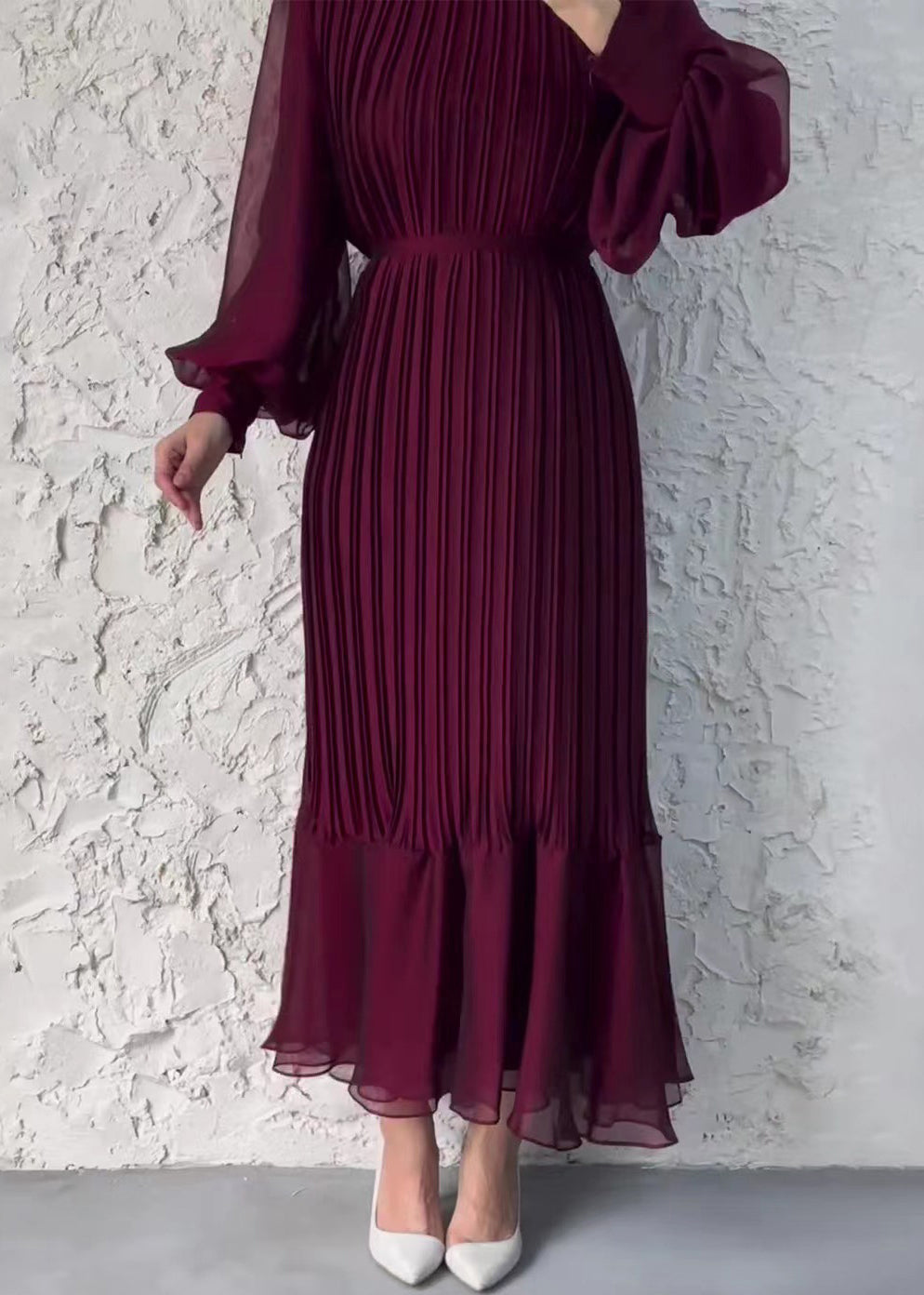 French Wine Red Wrinkled High Waist Chiffon Dress Fall