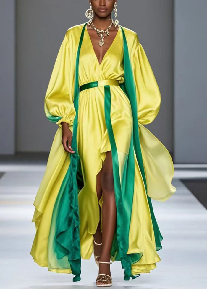 French Yellow Asymmetrical Patchwork Silk Robe Dresses Fall