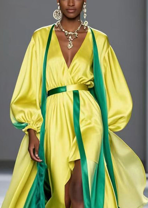 French Yellow Asymmetrical Patchwork Silk Robe Dresses Fall