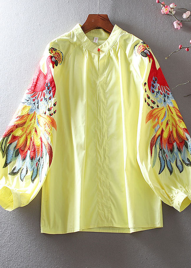 French Yellow Embroidered Cotton Shirts Lantern Sleeve