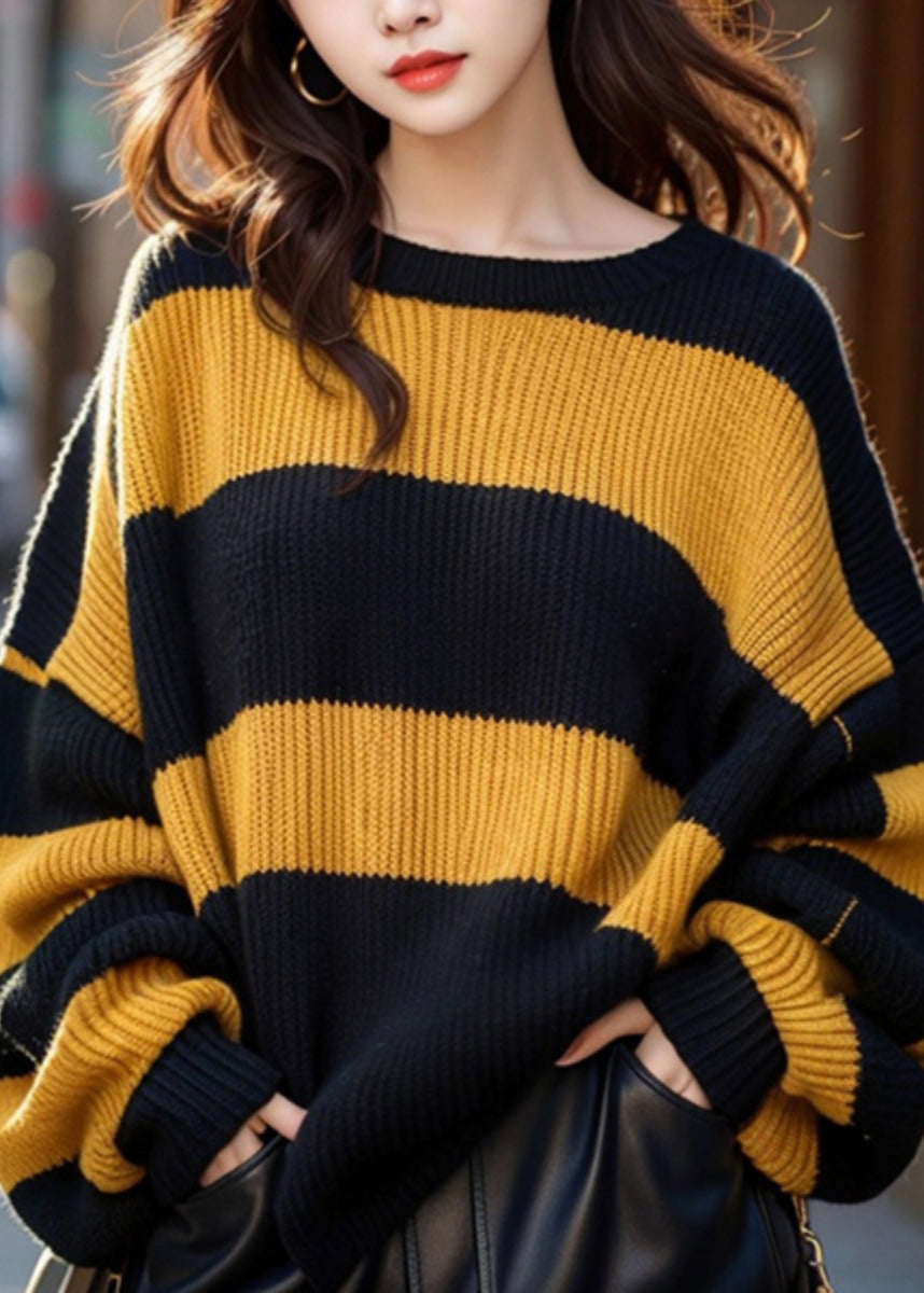 French Yellow O Neck Striped Cozy Knit Sweaters Winter