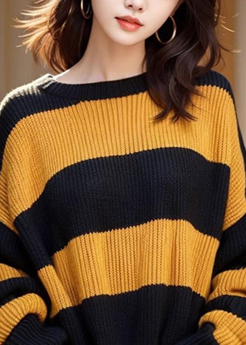 French Yellow O Neck Striped Cozy Knit Sweaters Winter