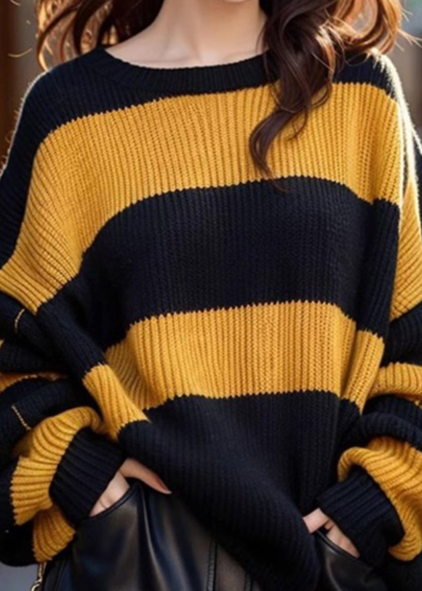 French Yellow O Neck Striped Cozy Knit Sweaters Winter