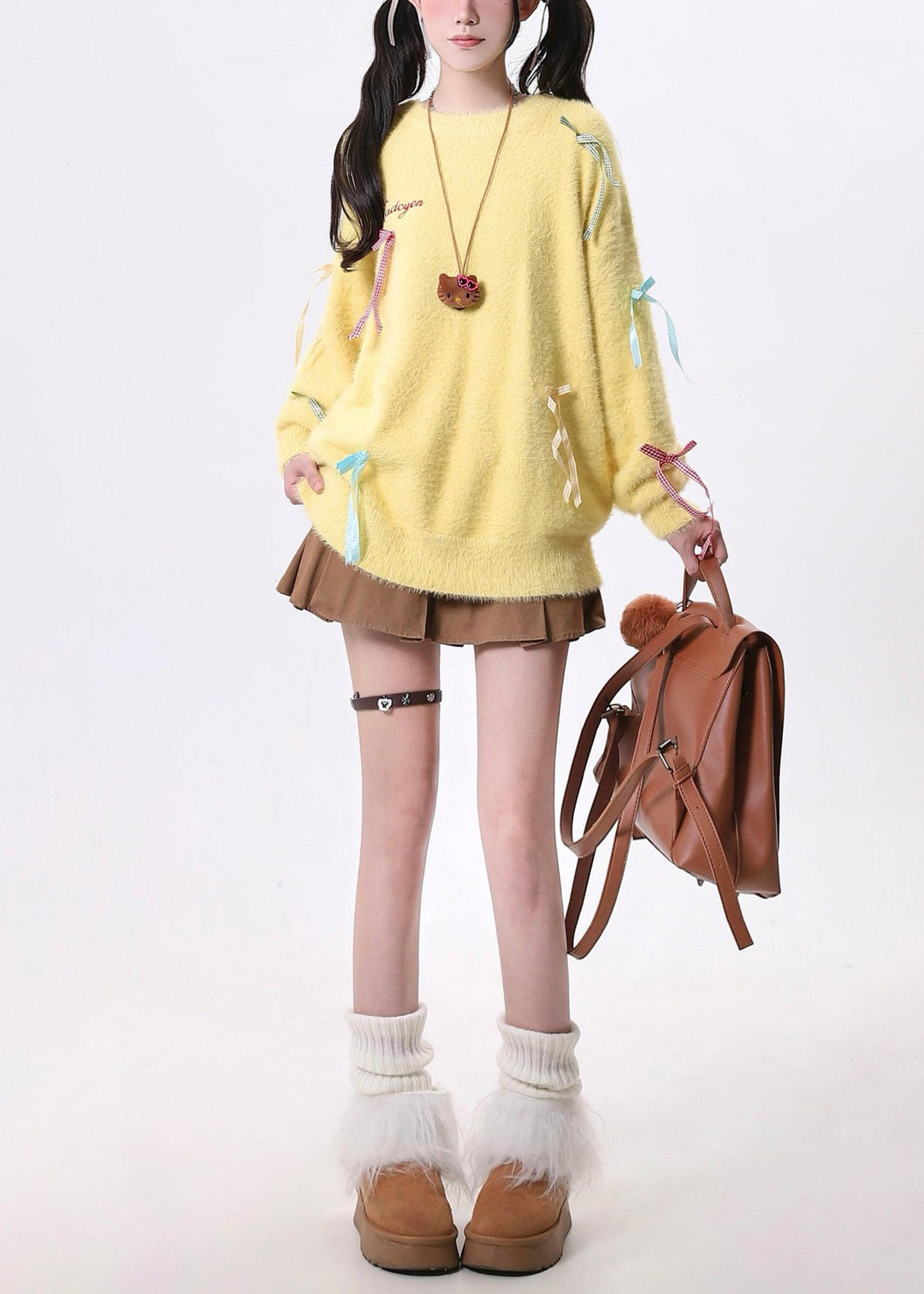 French Yellow Oversized Bow Knitted Tops Spring