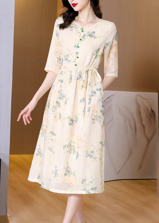 French Yellow Print Lace Up Pockets Linen Dresses Half Sleeve