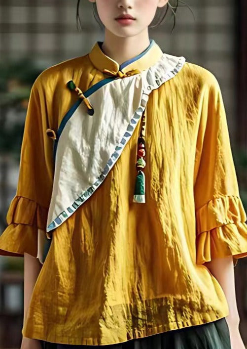 French Yellow Stand Collar Button Cotton Shirts Flare Sleeve