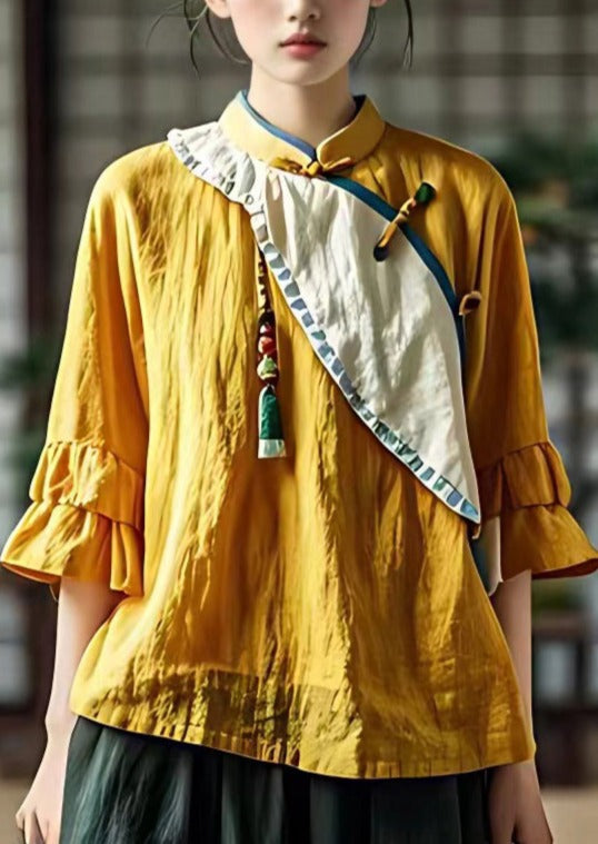 French Yellow Stand Collar Button Cotton Shirts Flare Sleeve