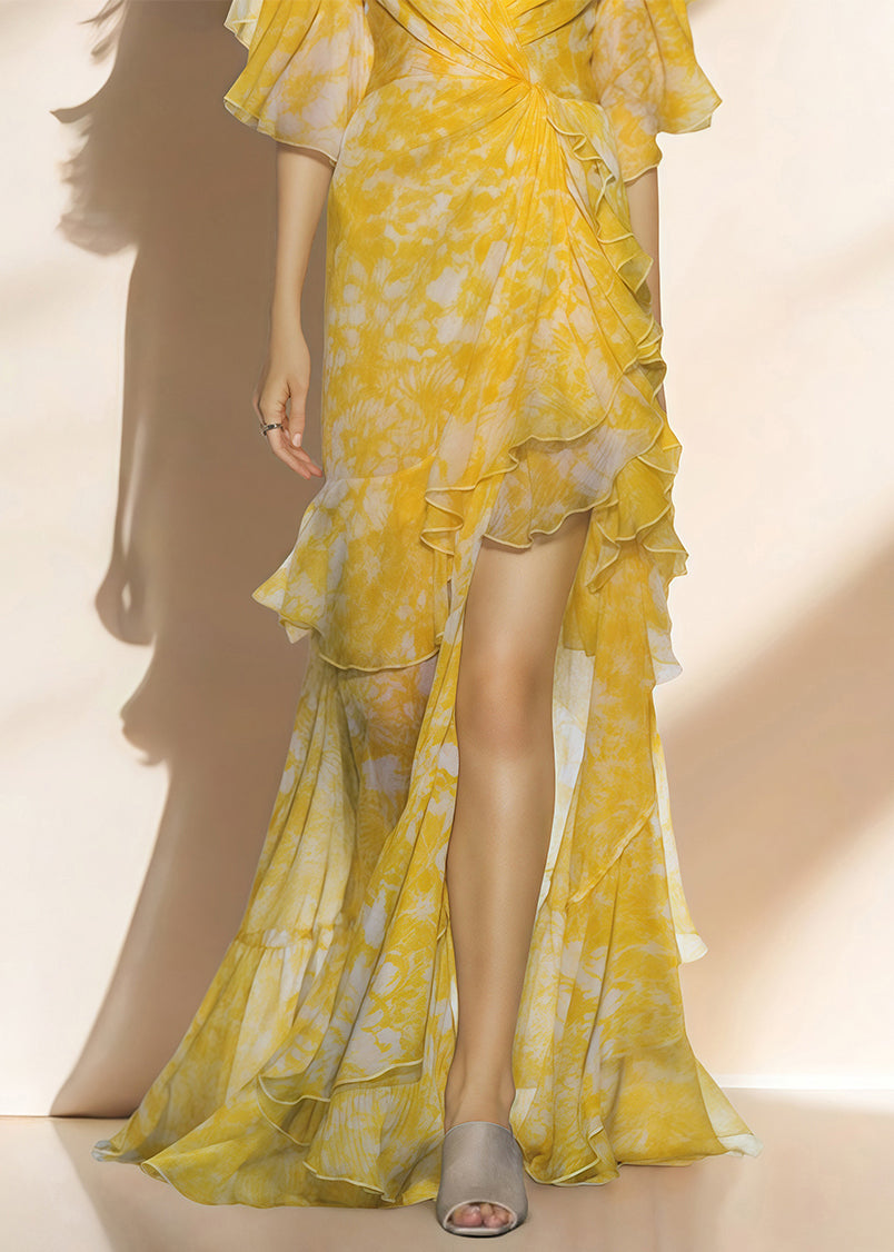 French Yellow V Neck Ruffled Asymmetrical Patchwork Silk Long Dress Summer