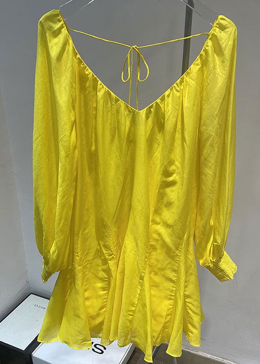 French Yellow V Neck Sexy Cotton Mid Dress Fall