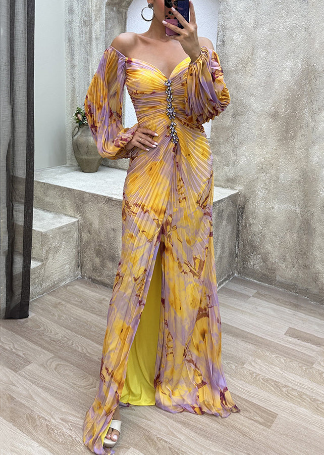 French Yellow Wrinkled Zircon Cotton Maxi Dresses Spring