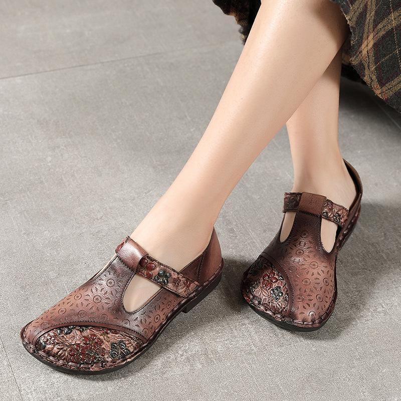 Genuine Leather Brown Flat Shoes Embossed Flats