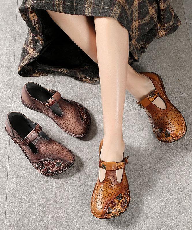 Genuine Leather Brown Flat Shoes Embossed Flats