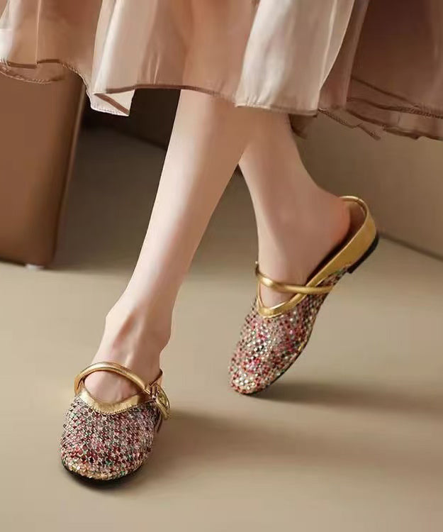 Gold Wedge Sheepskin Hollow Out Zircon Boutique Splicing Slide Sandals