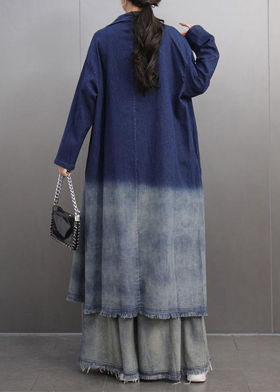 Gradient Color Denim Blue Long Coats And Wide Leg Pants Two Piece Set Spring