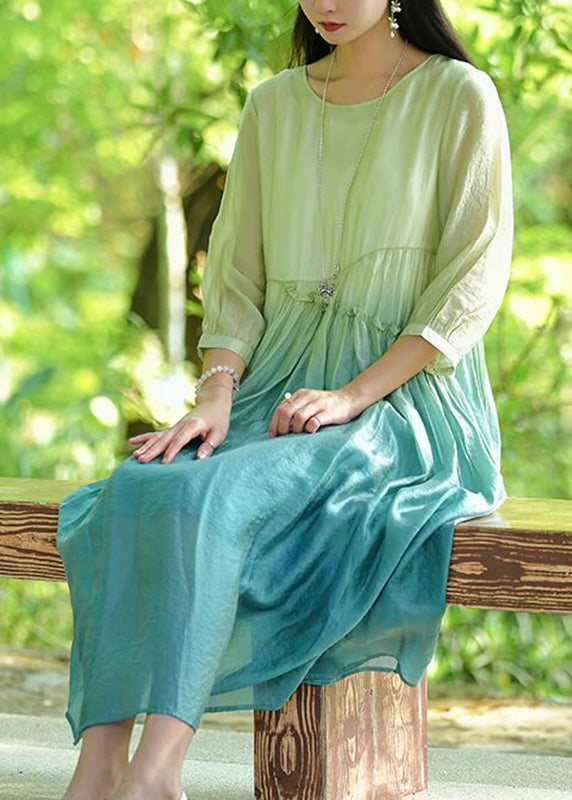 Gradient Color Green Ruffled Patchwork Long Dresses Summer