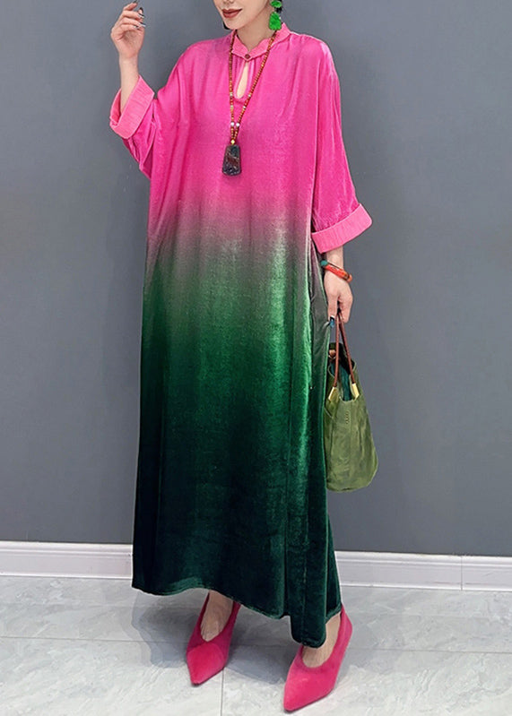 Gradient Color Stand Collar Silk Velvet Maxi Dresses Fall