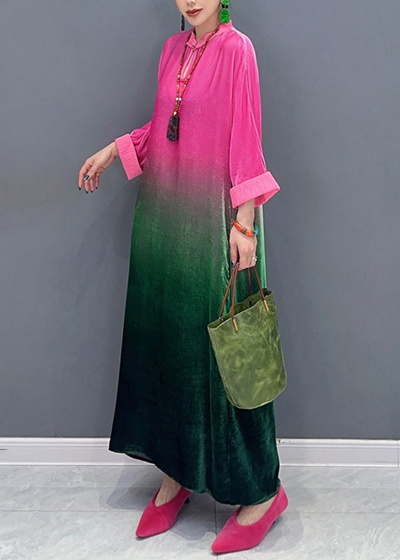 Gradient Color Stand Collar Silk Velvet Maxi Dresses Fall