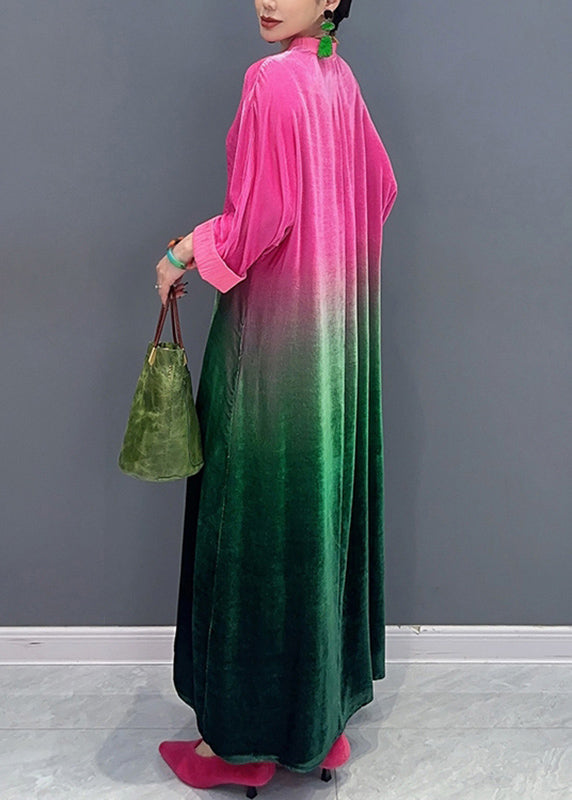 Gradient Color Stand Collar Silk Velvet Maxi Dresses Fall