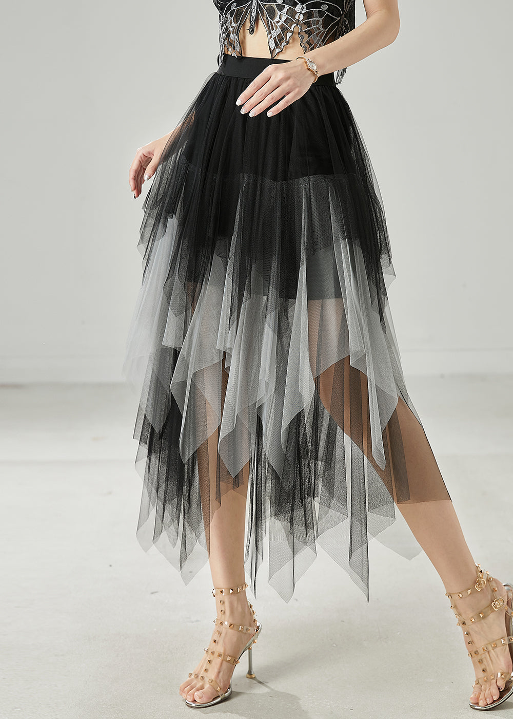 Gradient Grey Silm Fit Tulle Skirts Asymmetrical Summer