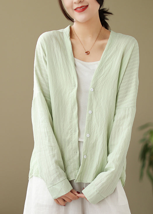 Green Button Patchwork Cotton Coat Outwear V Neck Fall