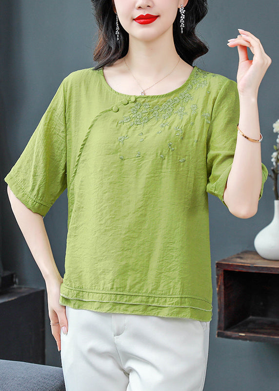 Green Cotton T Shirts O Neck Embroidered Short Sleeve