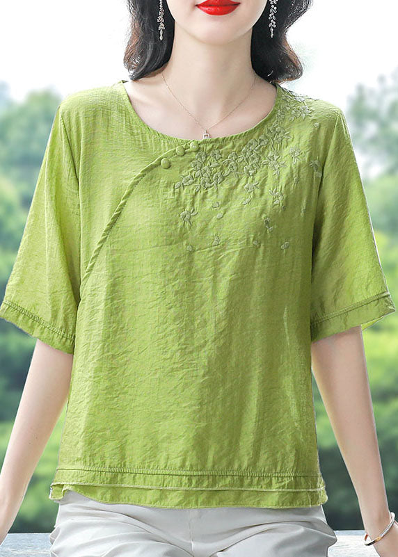 Green Cotton T Shirts O Neck Embroidered Short Sleeve