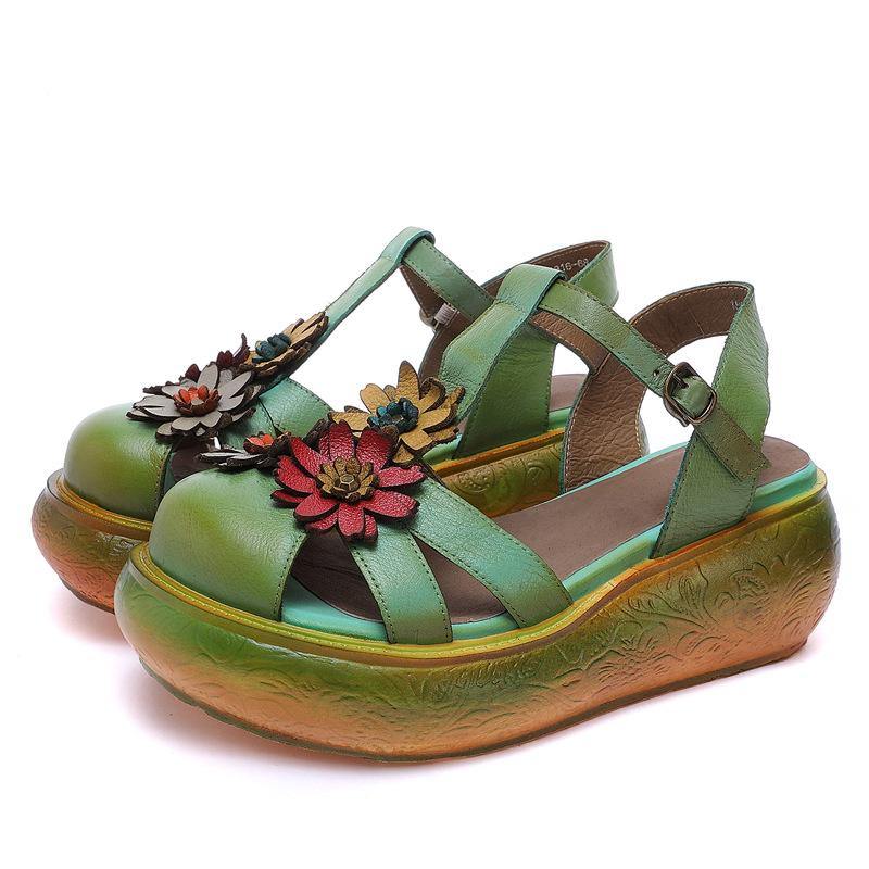 Green Cowhide Leather Buckle Strap Platform Sandals