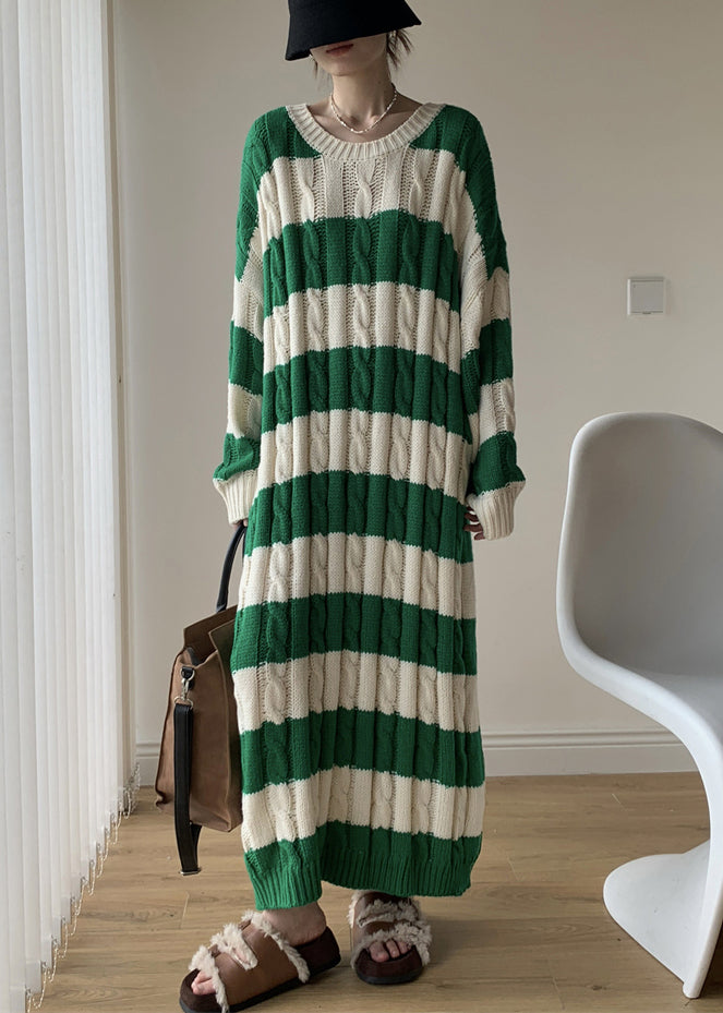 Green Cozy Cotton Cable Long Knit Dress O Neck Winter