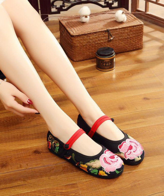 Green Flat Shoes Embroidered Comfy Cotton Fabric Buckle Strap Flat Shoes For Women