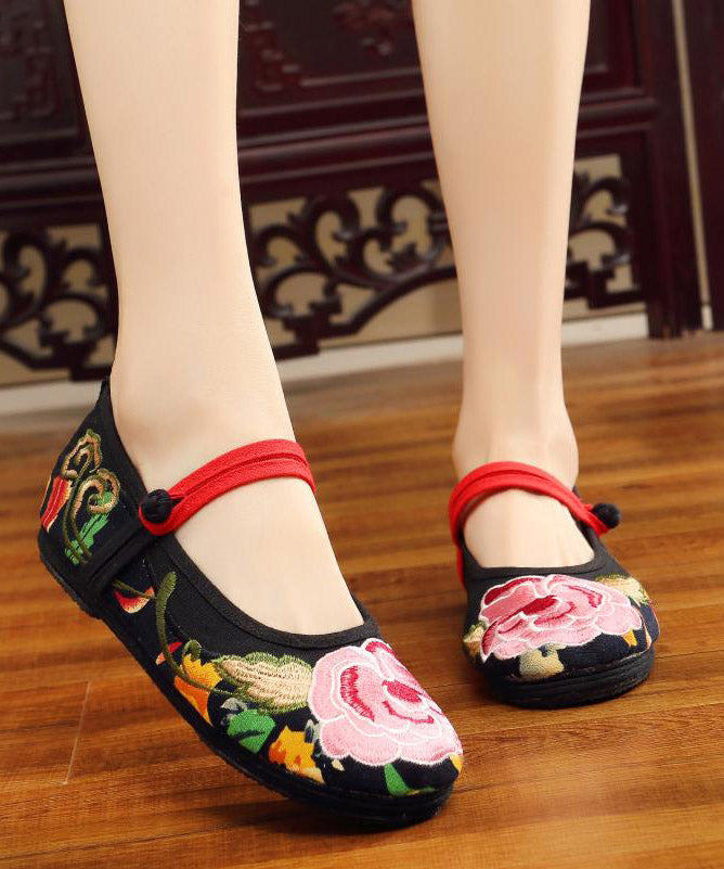 Green Flat Shoes Embroidered Comfy Cotton Fabric Buckle Strap Flat Shoes For Women