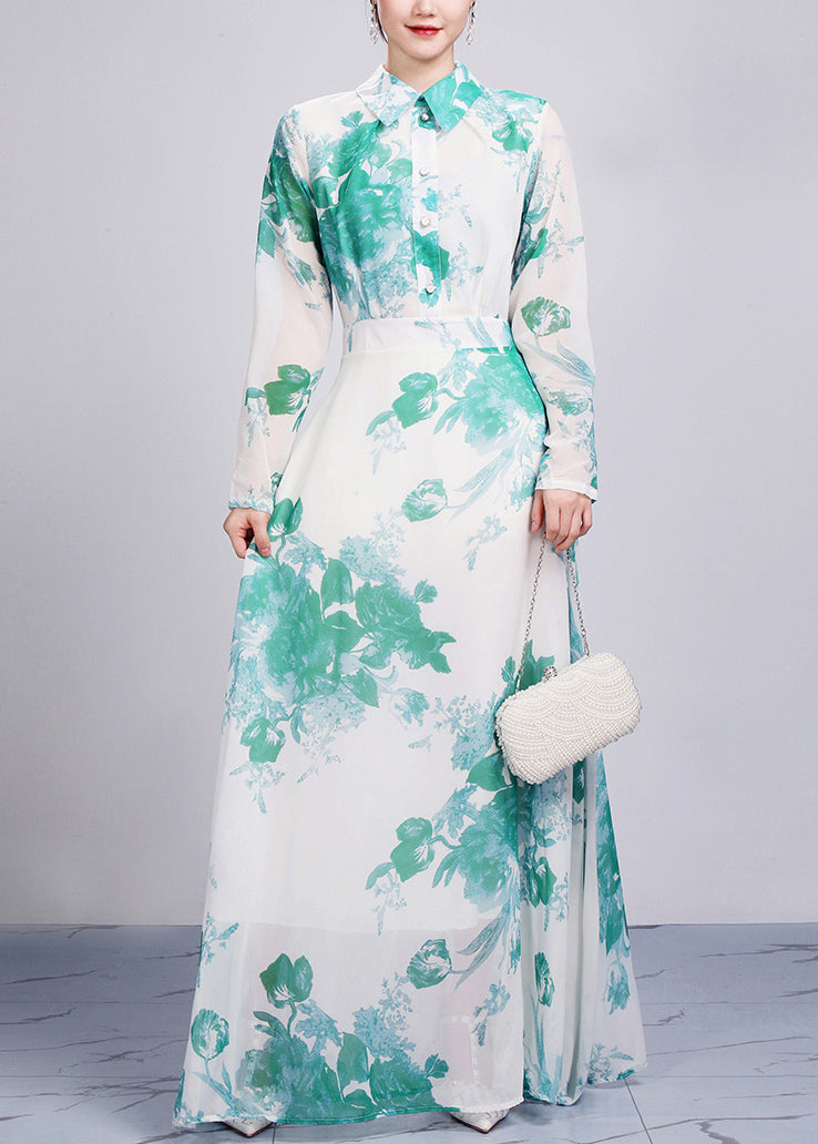 Green High Waist Chiffon Robe Dresses Peter Pan Collar Fall