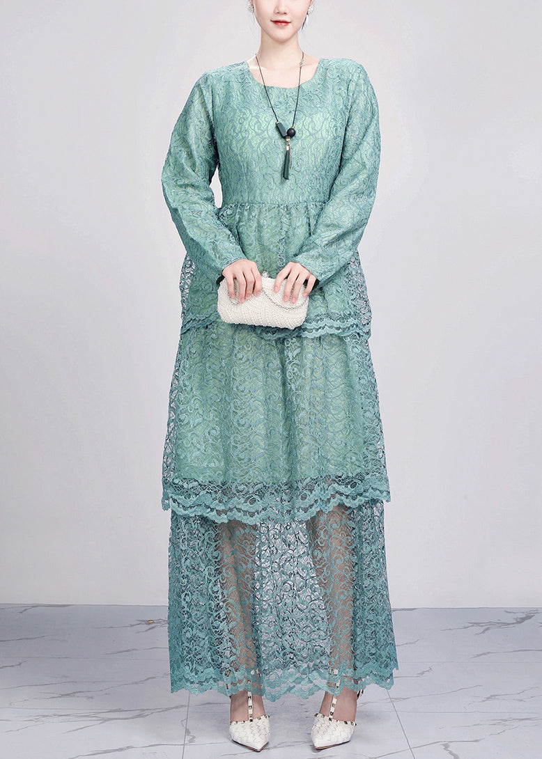 Green Hollow Out Solid Lace Dresses O Neck Fall