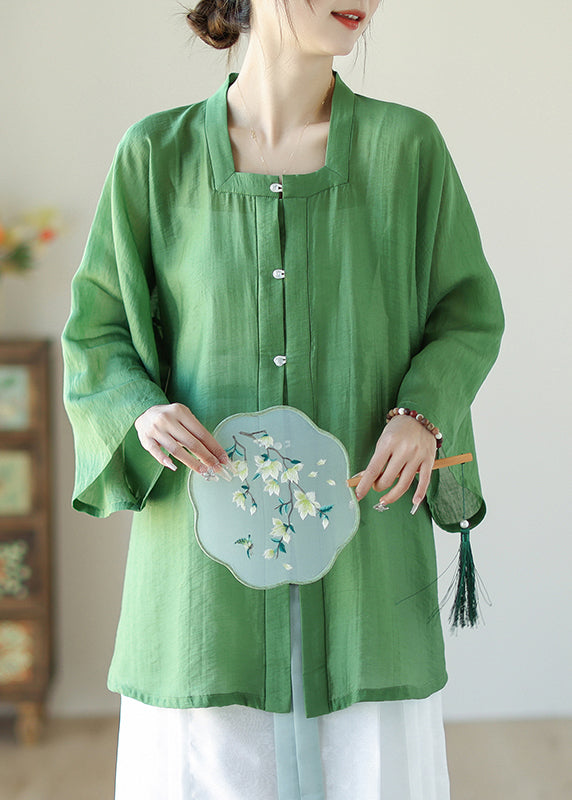 Green Patchwork Button Linen Shirts Long Sleeve