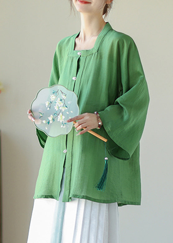 Green Patchwork Button Linen Shirts Long Sleeve