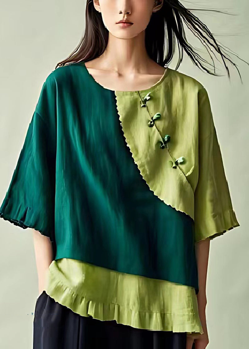 Green Patchwork Linen Blouses Chinese Button Ruffled Summer