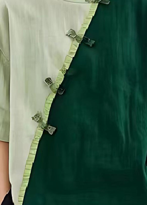 Green Patchwork Linen Blouses Chinese Button Wrinkled Summer