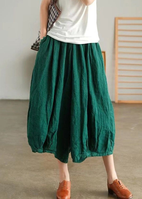 Green Pockets Solid Linen Wide Leg Pants High Waist Summer