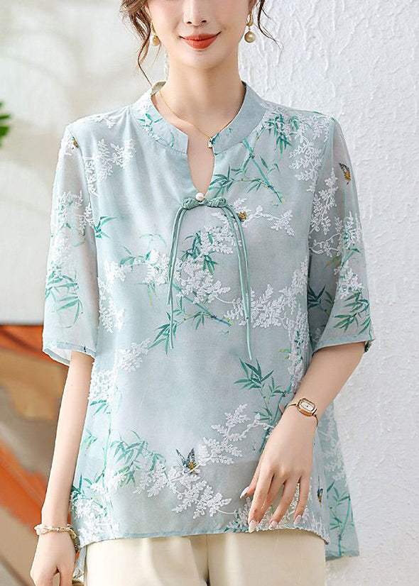 Green Print Chiffon Blouses Stand Collar Half Sleeve