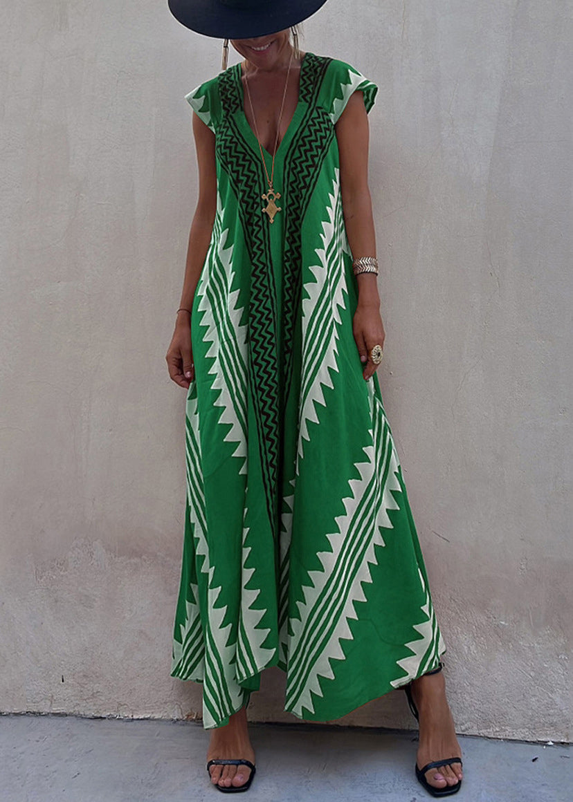 Green Print Chiffon Long Dress Asymmetrical Summer