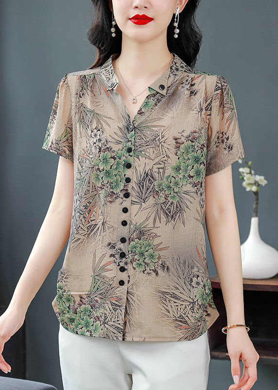 Green Print Chiffon Top V Neck Button Summer