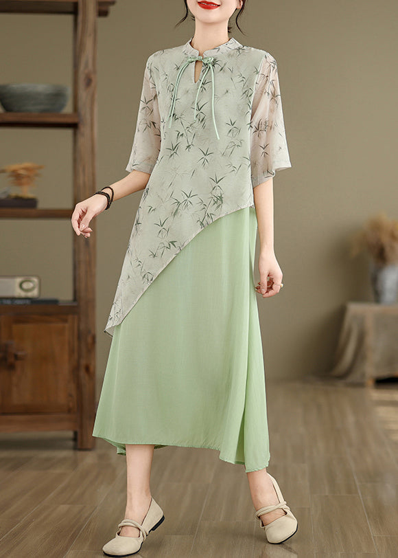 Green Print False Two Pieces Cotton Dresses Stand Collar Summer