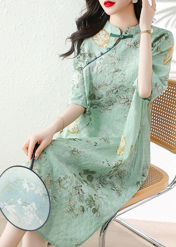 Green Print Linen Dresses Stand Collar Summer