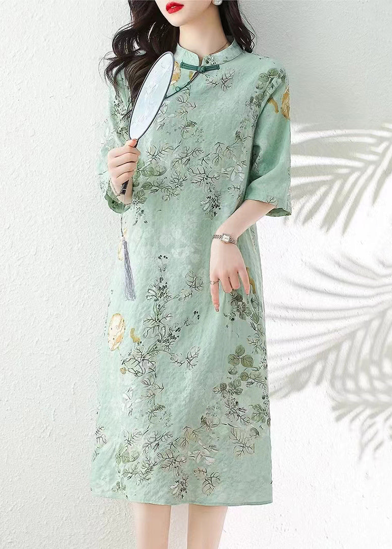 Green Print Linen Dresses Stand Collar Summer