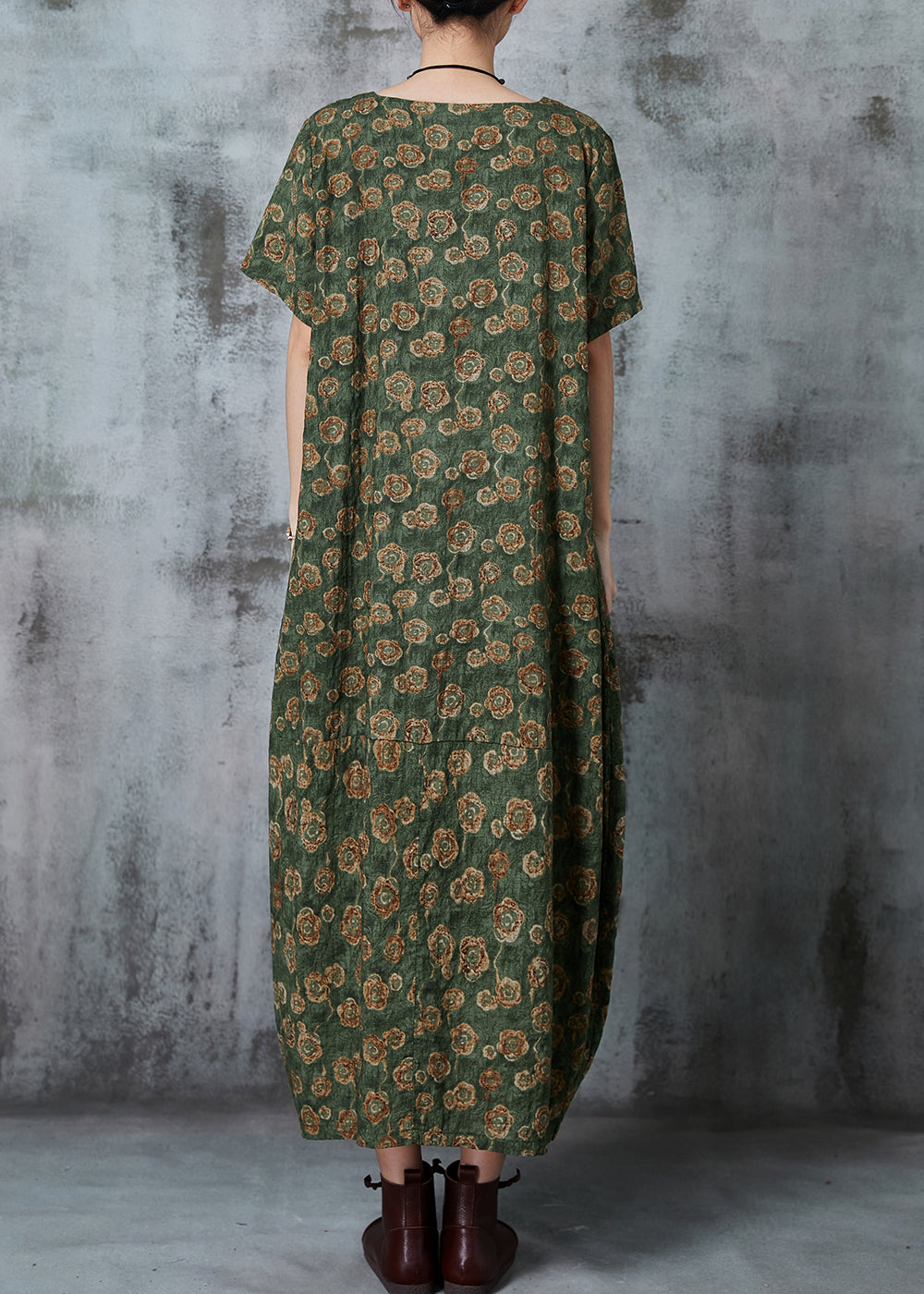 Green Print Linen Maxi Dresses Oversized Pockets Summer