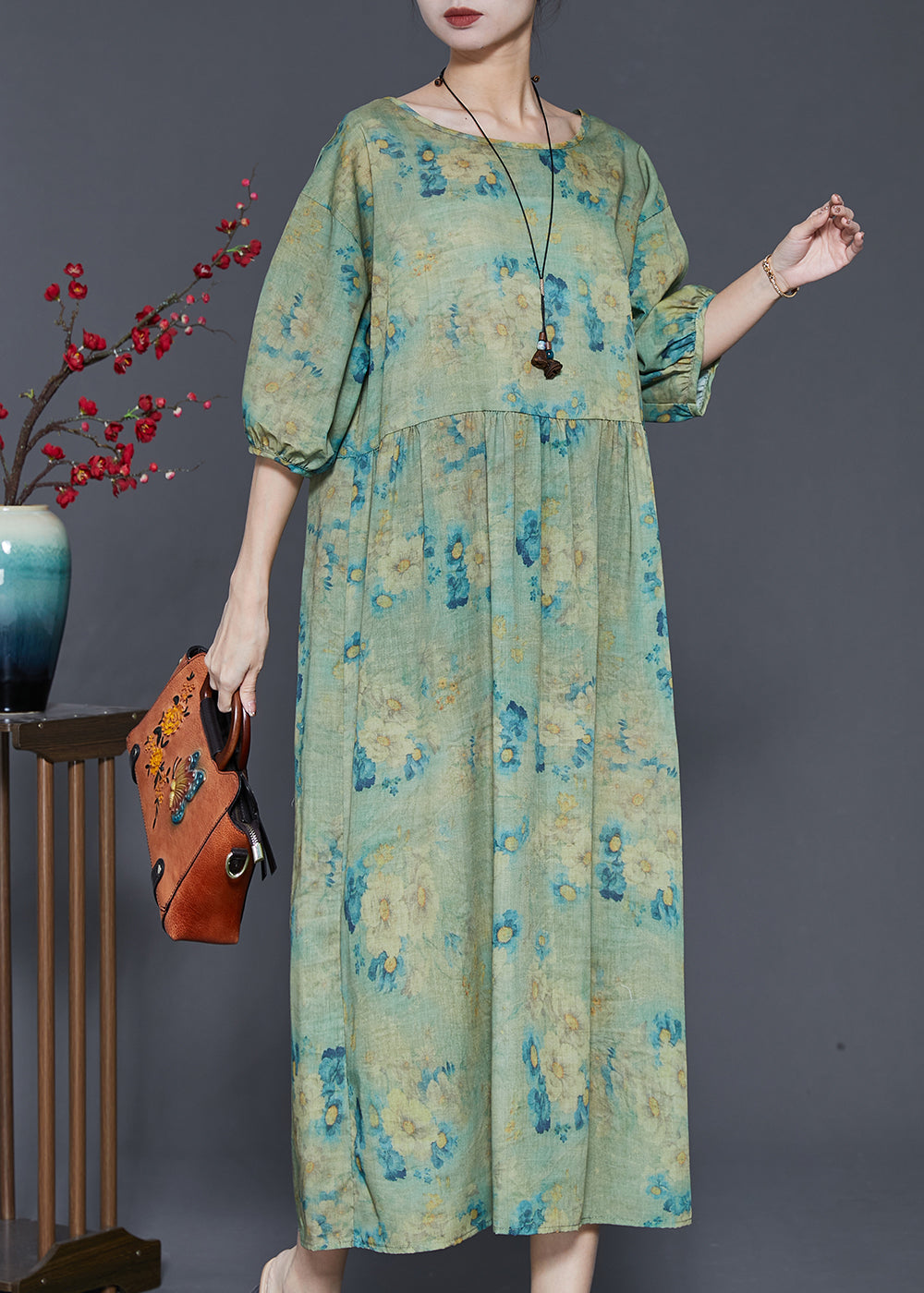 Green Print Linen Vacation Dresses Oversized Summer