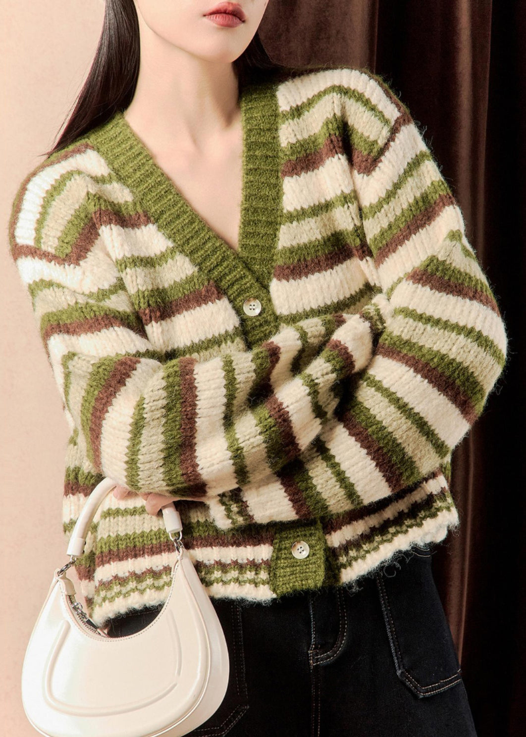 Green Striped Button Original Design Knit Sweater V Neck Winter