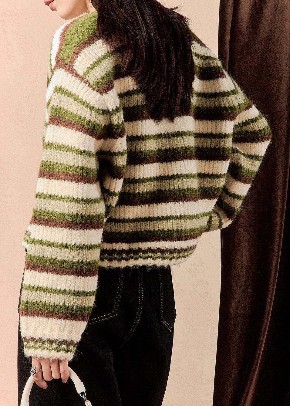 Green Striped Button Original Design Knit Sweater V Neck Winter