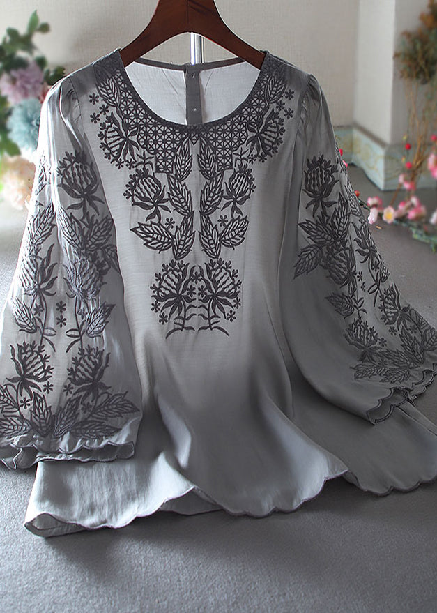 Grey Chiffon Shirt Embroidered Flare Sleeve