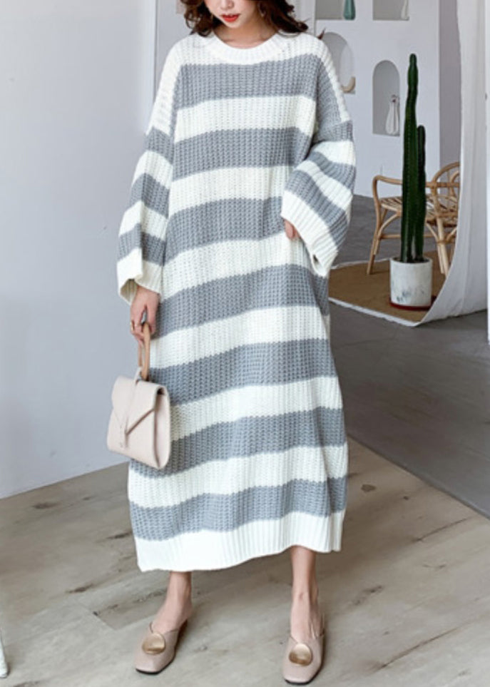 Grey Hollow Out Patchwork Knit Dress O Neck Spring