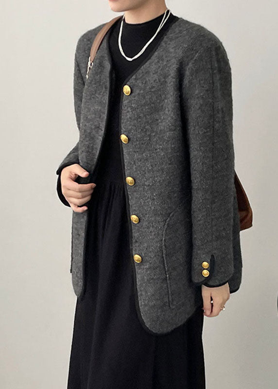 Grey O-Neck Button Woolen Jackets Spring